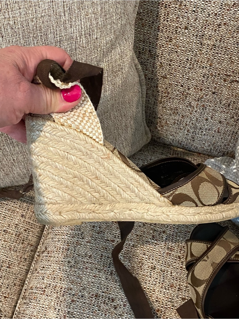 Coach Tan and Brown Signature Canvas Wedge Sandals with Ankle Wrap - Picture 10 of 14